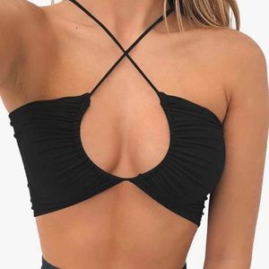 Small Black Women's Sexy Criss Cross Lace Up Sling Basic Bow Tie Crop Top, NWT